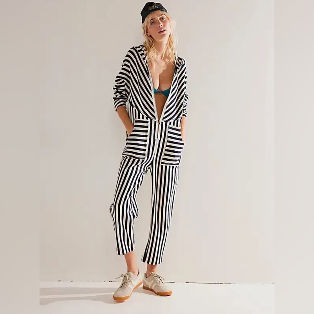 Free People Beach Jumpsuit Cruel Summer Navy Sage Green Stripe Zip Up Hood Small